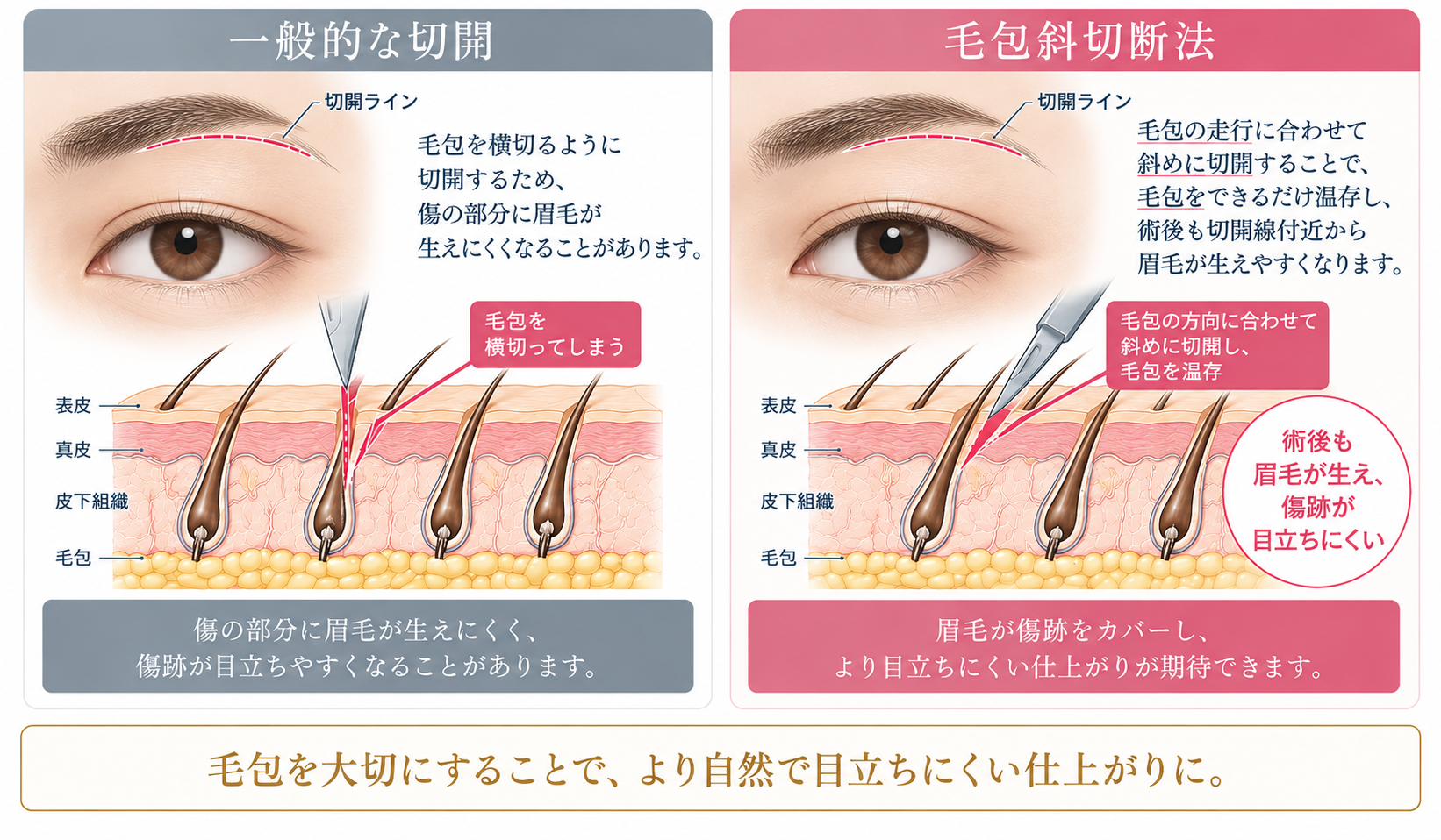 眉毛下切開法と毛包温存法の比較